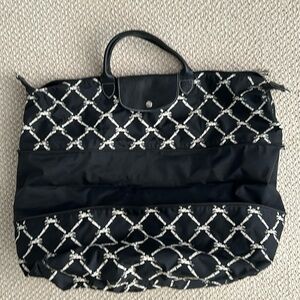 Longchamp Le Pliage Expandable Travel Tote Navy Blue with Repeating Horse Logos